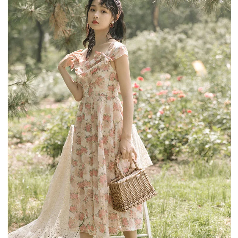 

Summer Women Fairy Dress Elegant Gorgeous Long Florals Chiffon Dress Spaghetti Strap Floral Printed Hollow Out Romantic Dress