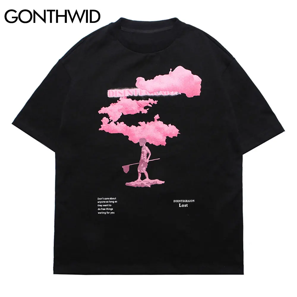 

GONTHWID Tshirts Streetwear Harajuku Hip Hop Pink Cloud Print Tees Shirts Harajuku Fashion Summer Casual Cotton Loose Tees Tops
