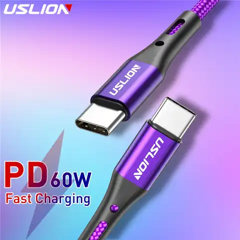 Кабель USLION USB Type C-Type C PD 60 Вт для Macbook Samsung S10 S9 QC3.0, кабель для быстрой зарядки и передачи данных, мобильный телефон провод