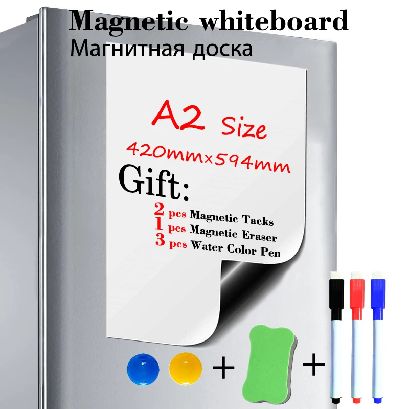 Магнитная доска для стирания, размер A2, белая стираемая доска для холодильника, для кухни, офиса, доска объявлений в подарок, 3 стирателя, 1 ла...