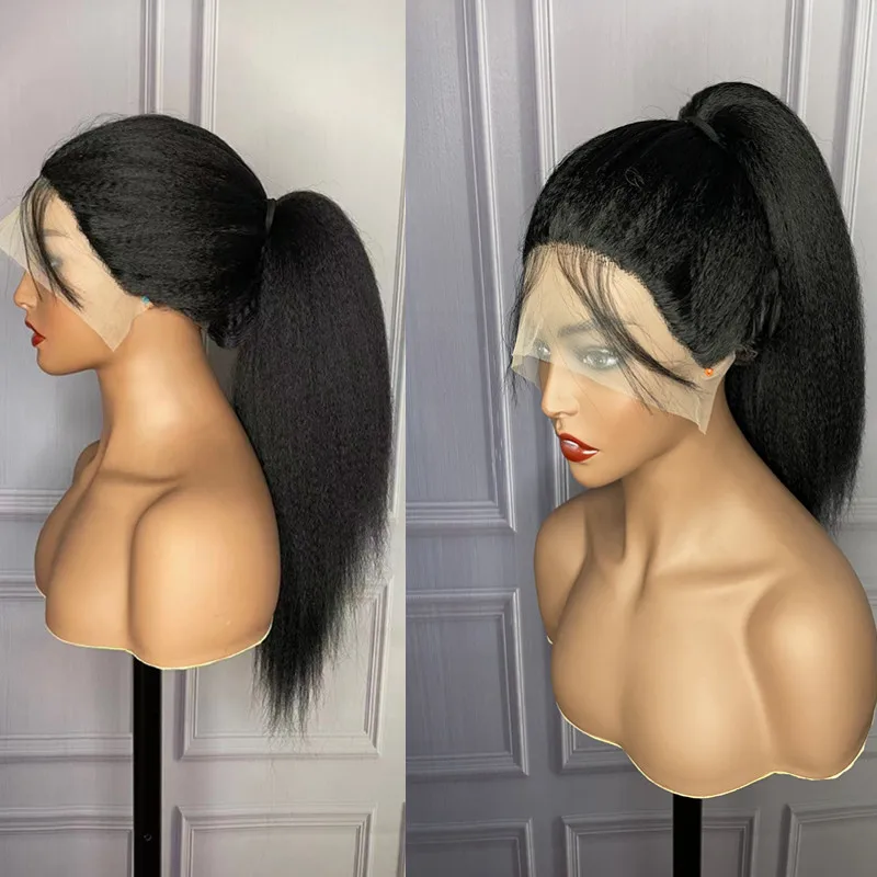 

Ponytails Lace Front Wig Synthetic 26 inch Long Kinky Straight Wigs For Women Yaki Straight Lace Front Wig Fiber Lace Front Wig