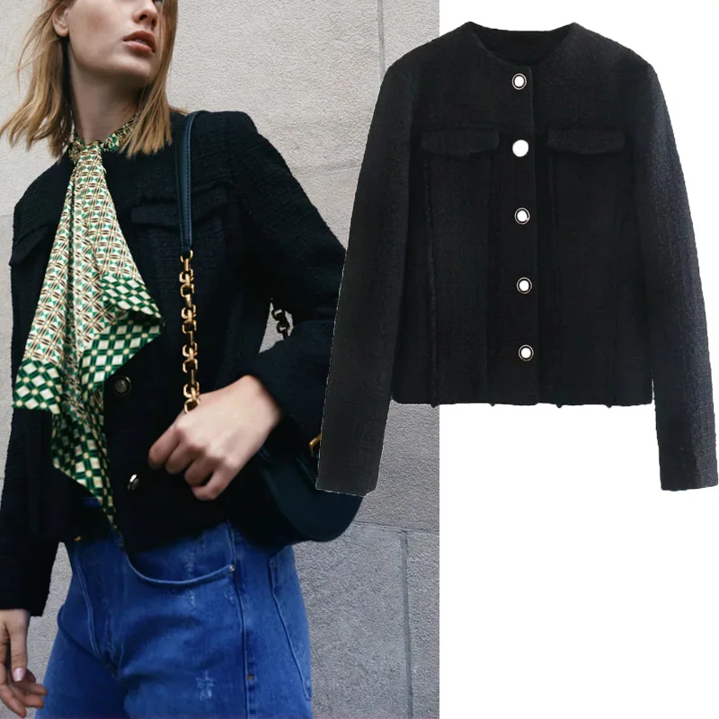 

Женский Короткий Повседневный костюм WSL TRAF ZA, черная текстурная куртка с длинным рукавом, шикарный офисный костюм на пуговицах, деловой кост...