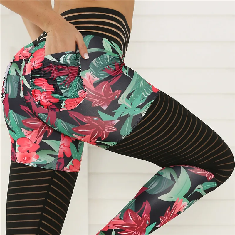 

2019 New Fitness High waist Leggings Women Spring Ankle-Length Softe Mesh Legging Stitching Small floral print stitching Legging