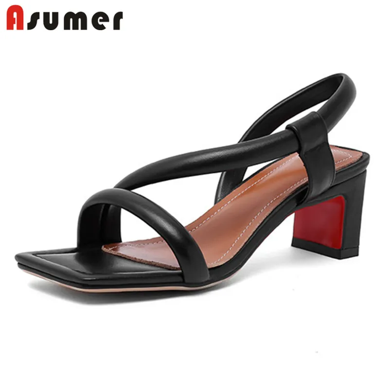 

Asumer 2021 Big Size 41 Genuine Leather Shoes Women Sandals Solid Colors Summer High Heels Sandals Fashion Style Ladies Shoes