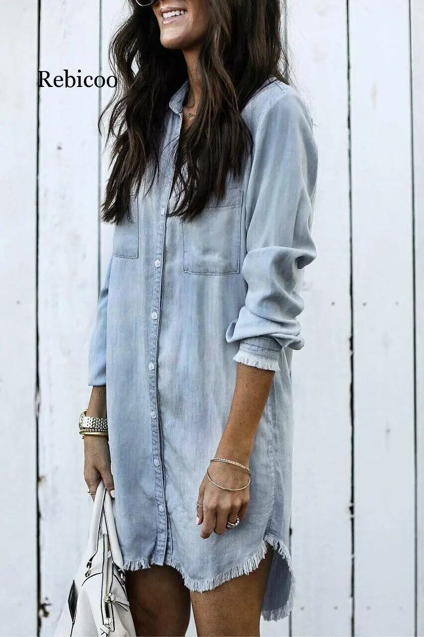 

Women's summer long-sleeved casual fashion multi-color hem cuffs tassels denim shirt