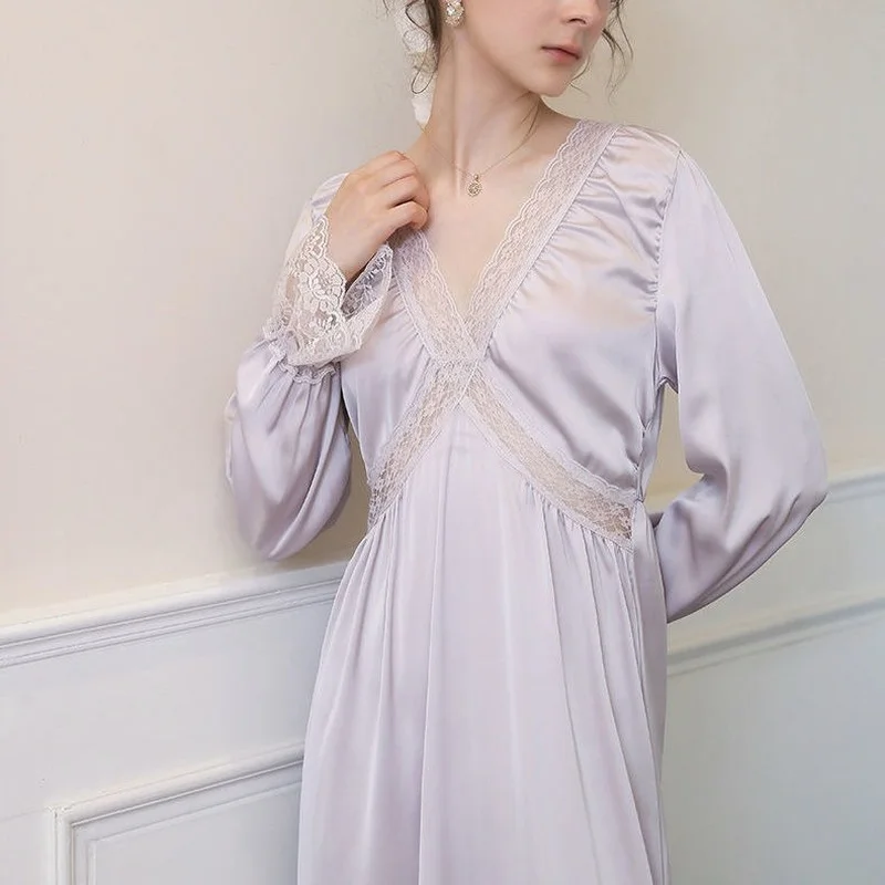 QWEEK Silk Elegant Long Nightgown Women Autumn Satin Luxury Sleepwear Lace Nightie Princess White Dress Nightdress Loungewear