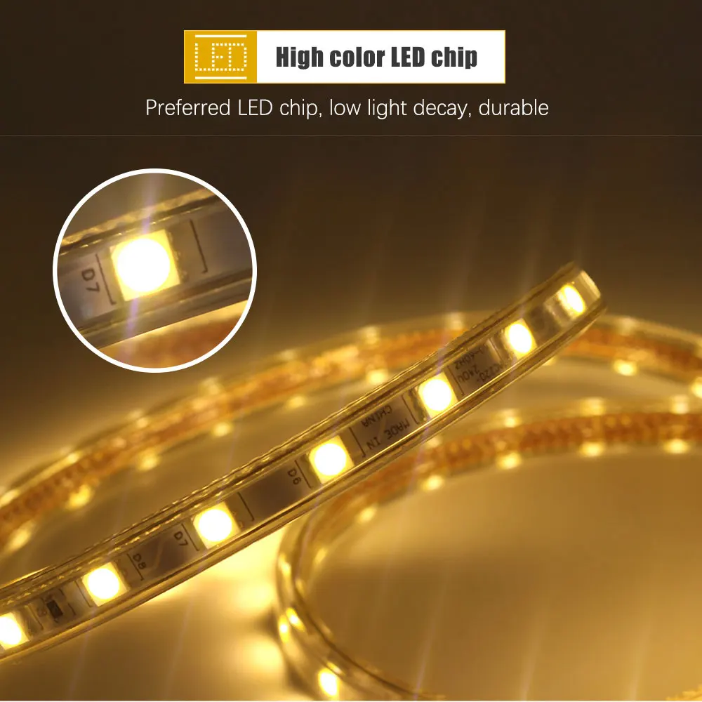 220V Светодиодные ленты светильник SMD 5050 Открытый Водонепроницаемый светодиодный ленты 60 Светодиодный s/M высокая яркость Крытый украшения новогодние гирлянды со штепсельной вилкой европейского стандарта