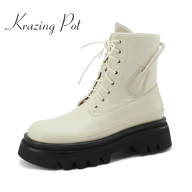 

krazing pot natural leather round toe thick bottom ethnic fashion style young lady daily wear winter basic warm ankle boots L08