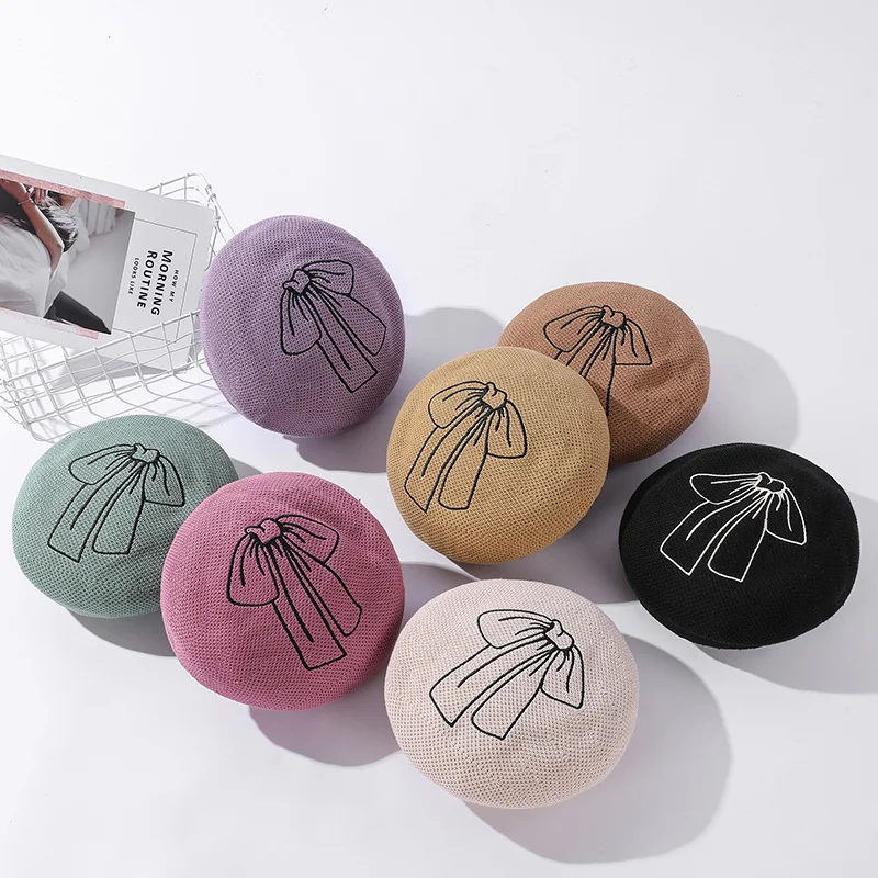 

Новинка, женские шапки, осенне-зимние однотонные шапки художника с вышивкой и бантом, повседневные береты в стиле дикого искусства, шапка