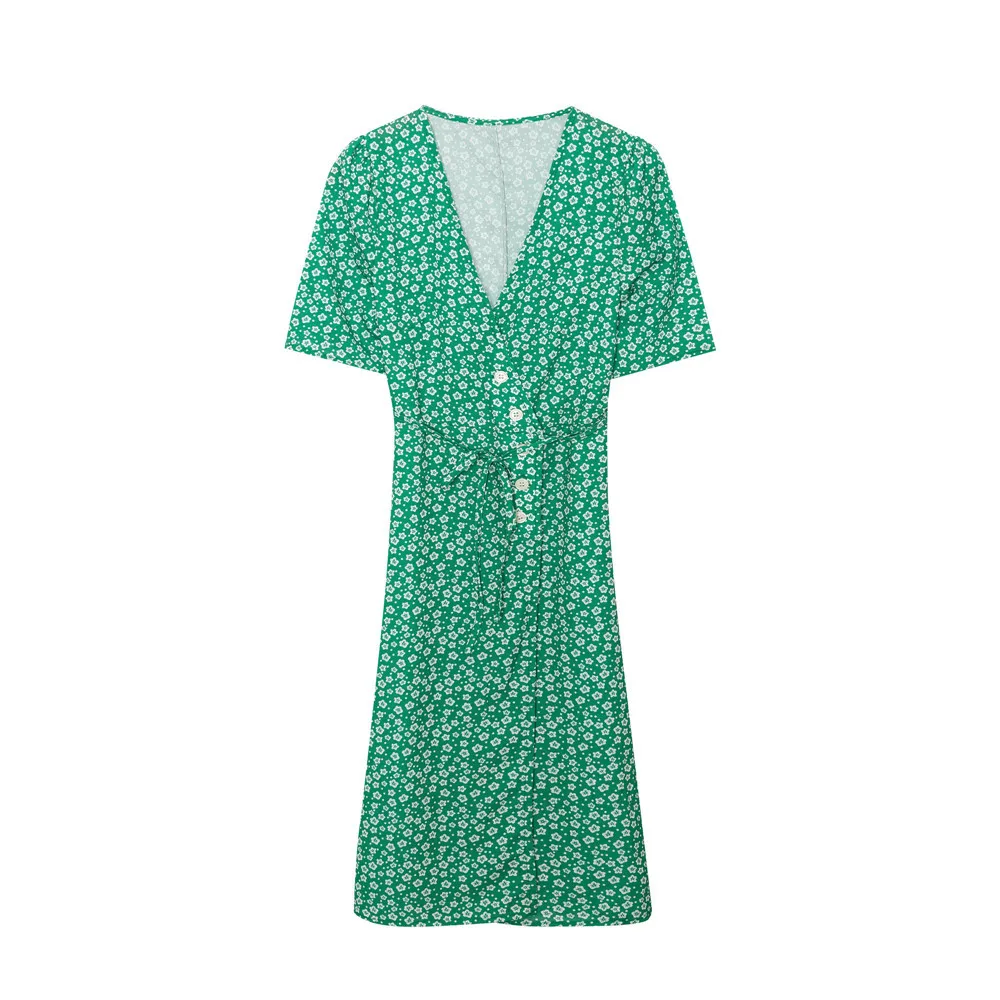 Женское платье в стиле ретро миди с коротким рукавом V-образным вырезом и