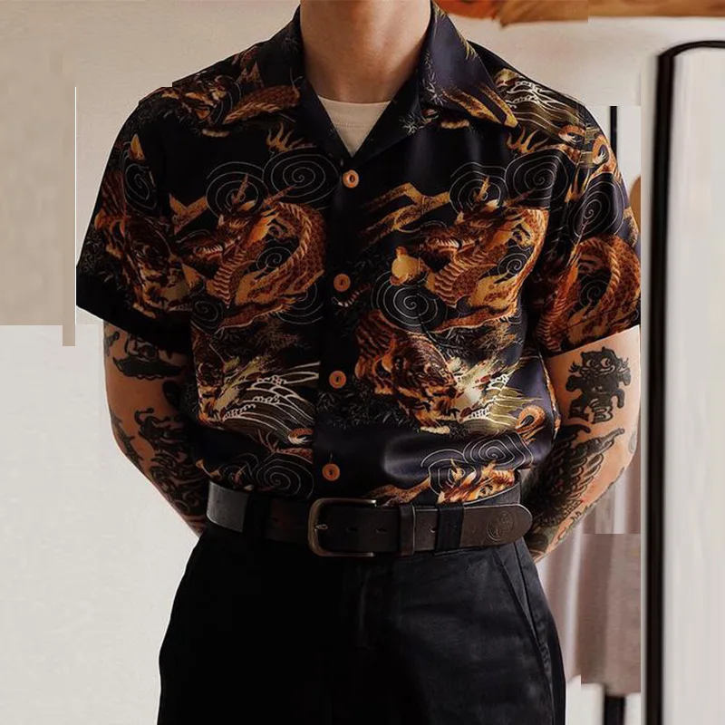 

Рубашка мужская с коротким рукавом, винтажный принт, повседневный Свободный кардиган, модные топы на пуговицах, рубашка с отложным воротник...