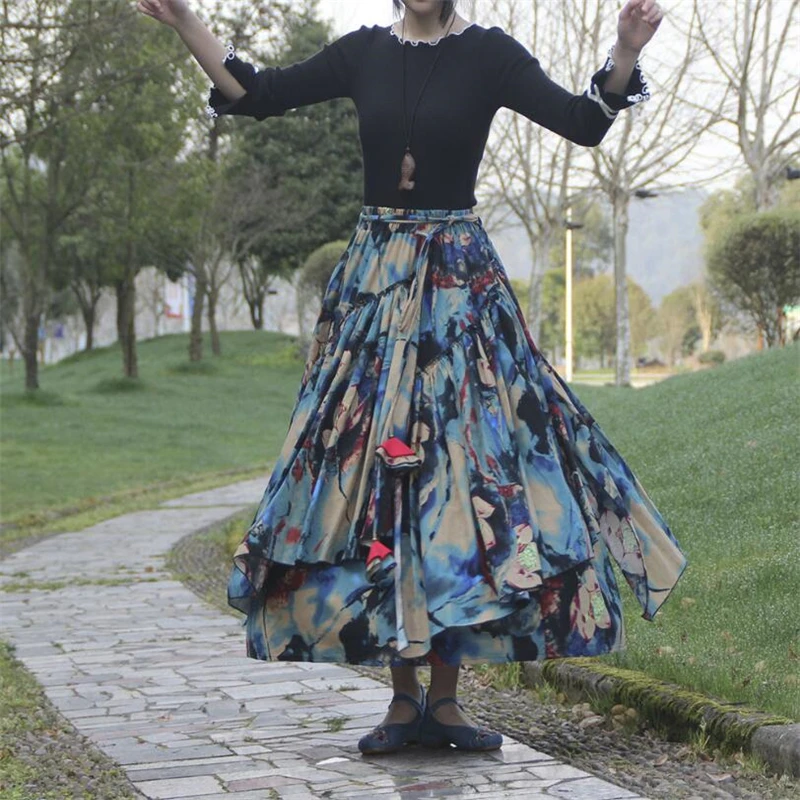 

Women Autumn winter Vintage Casual Cotton linen Skirts Vestidos Fashion Skirts Female Irregular hem Streetwear print Long Skirt
