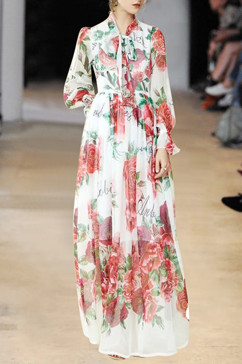 

JCHB 2021 Autumn tie bow collar waist tuck dress floral print dress