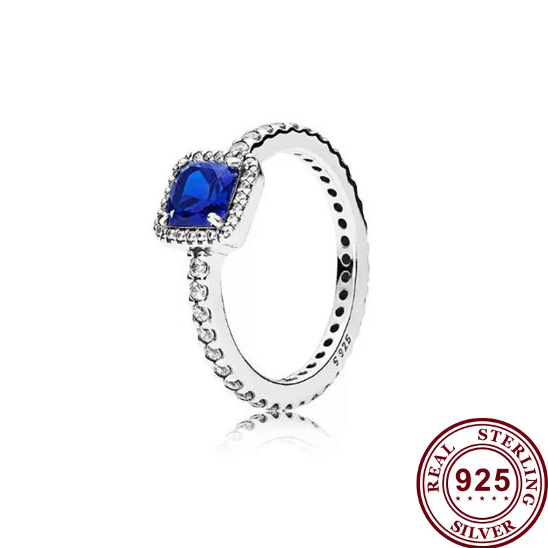 

Original 925 кольцо Silver Pan Ring Blue Square With Large Crystal Cz Pan Ring For Women Wedding Party Gift Fashion Jewelry
