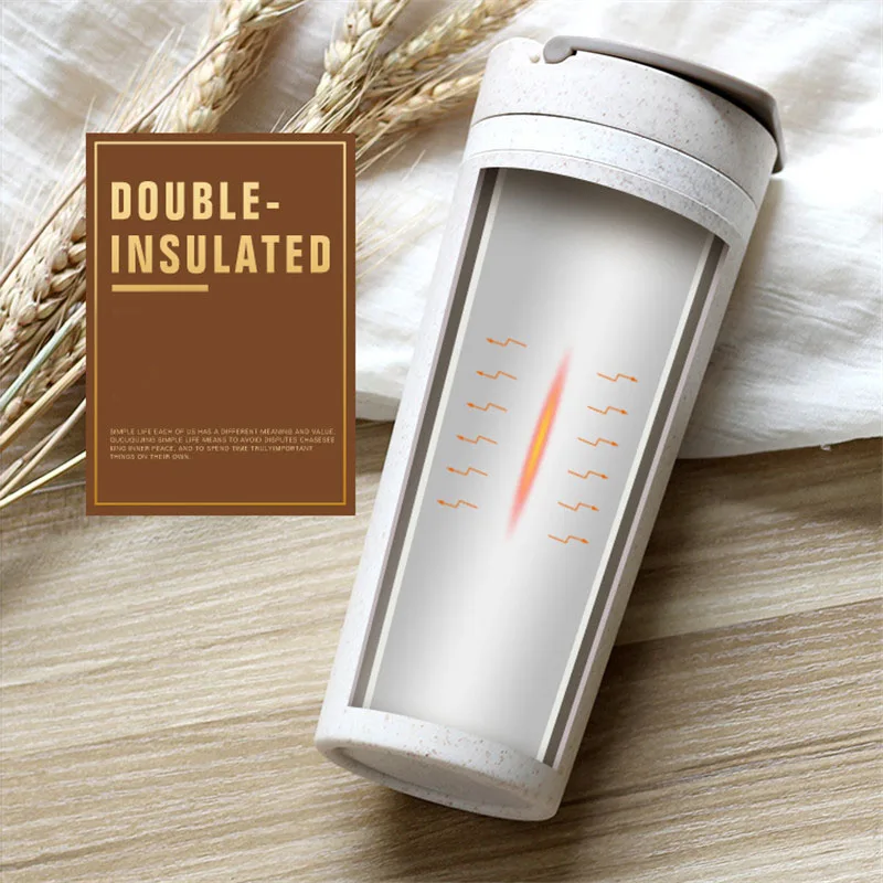 Пшеничная соломенная пластиковая бутылка для воды герметичная двойная стена