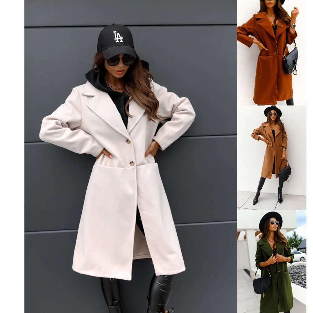 

New Winter Long-sleeved V-neck Button Woolen Clothing Jackets Women Wool Blends Long Wool Coat Women's