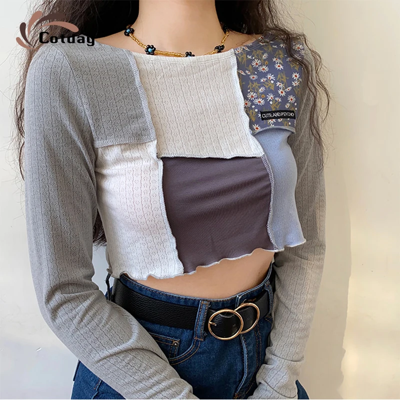 

Cotday New Edible Tree Fungus Slim Long Sleeve Patchwork O-Neck Vintage T-shirt Women's Autumn Short Navel Top