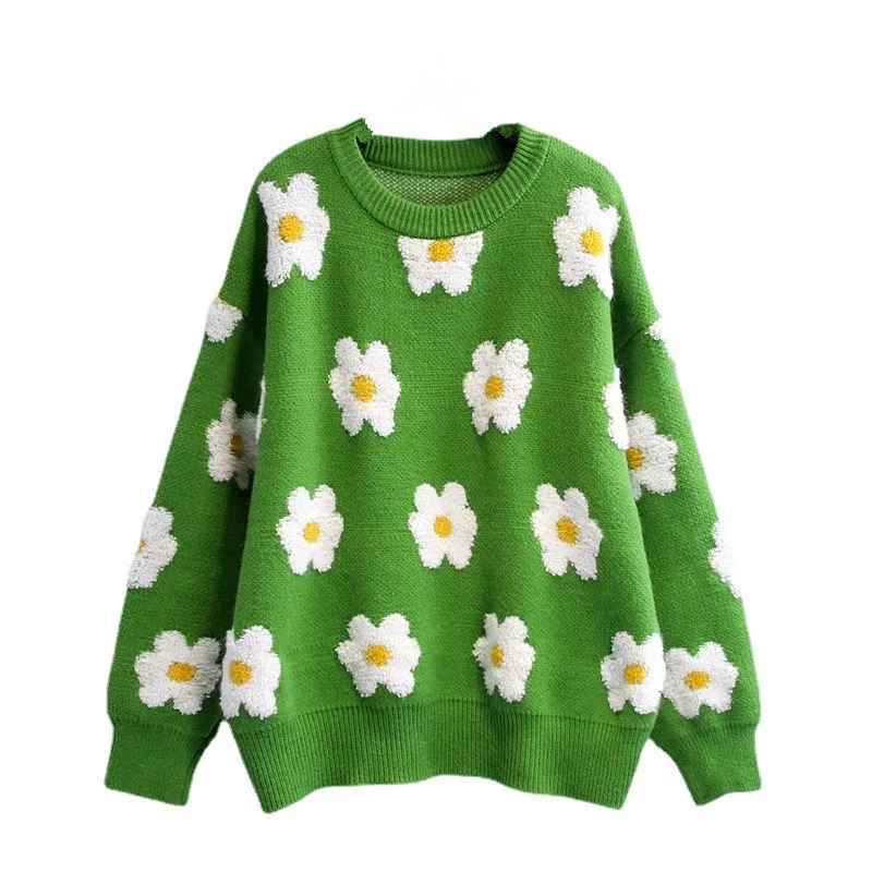 

Vintage Knitted Flower Sweater Women Korean Style Casual Oversized Pullover Streetwear Long Sleever Loose Warm Jumper Pull Femme
