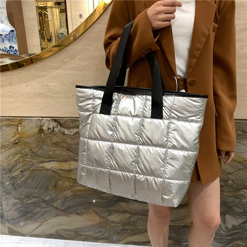 

Winter Large Capacity Tote Shoulder Bags for Women 2021 Silver Nylon Bags Space Pad Cotton Feather Down Big Female Handbags