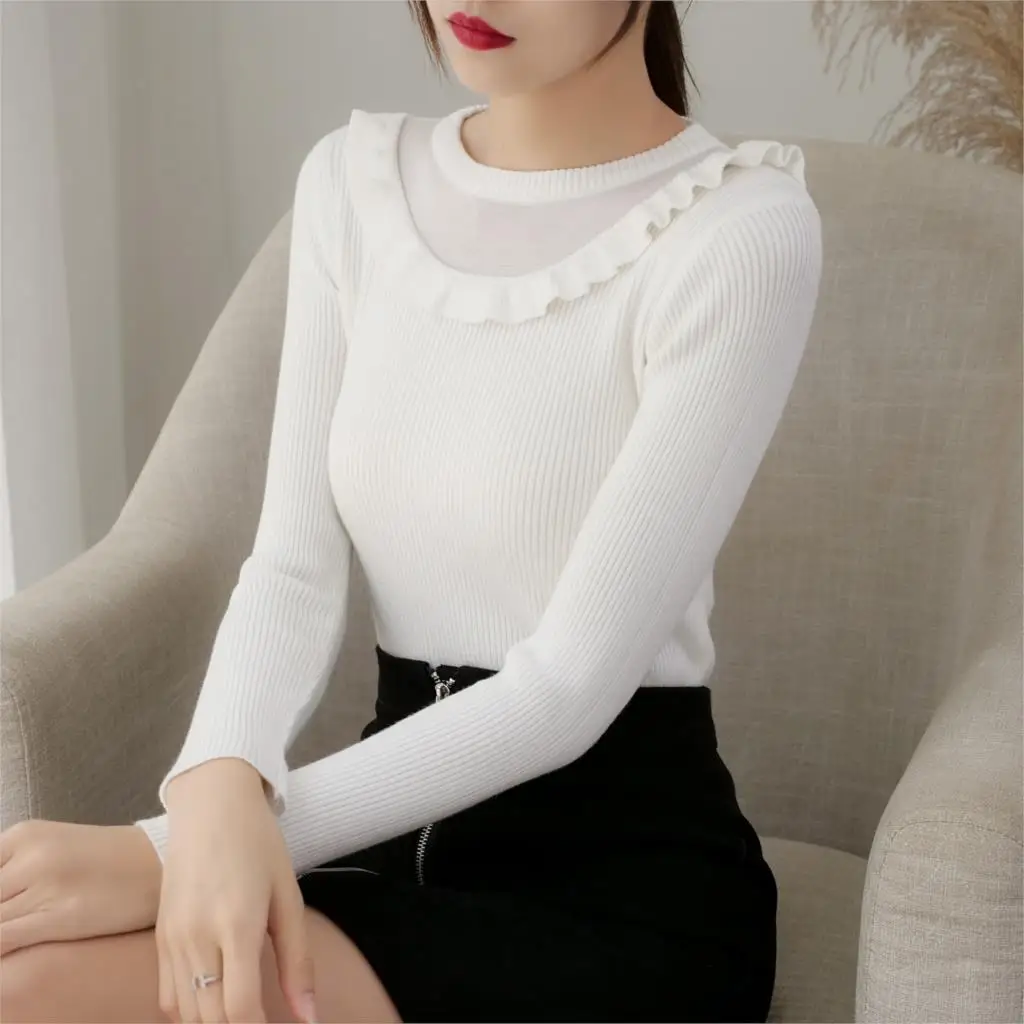 

Women knitted cotton 2019 Women Sweater Autumn and Winter New Ruffled round neck Pullover Warm Soft Full Sleeve