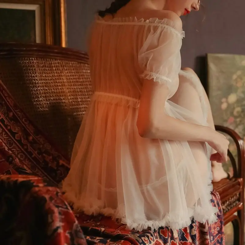 

Japanese Style Women Sexy Off Shoulder Lingerie Mini Dress with Panties Erotic See-Through Mesh Ruffles Sweet Babydoll Nightgown