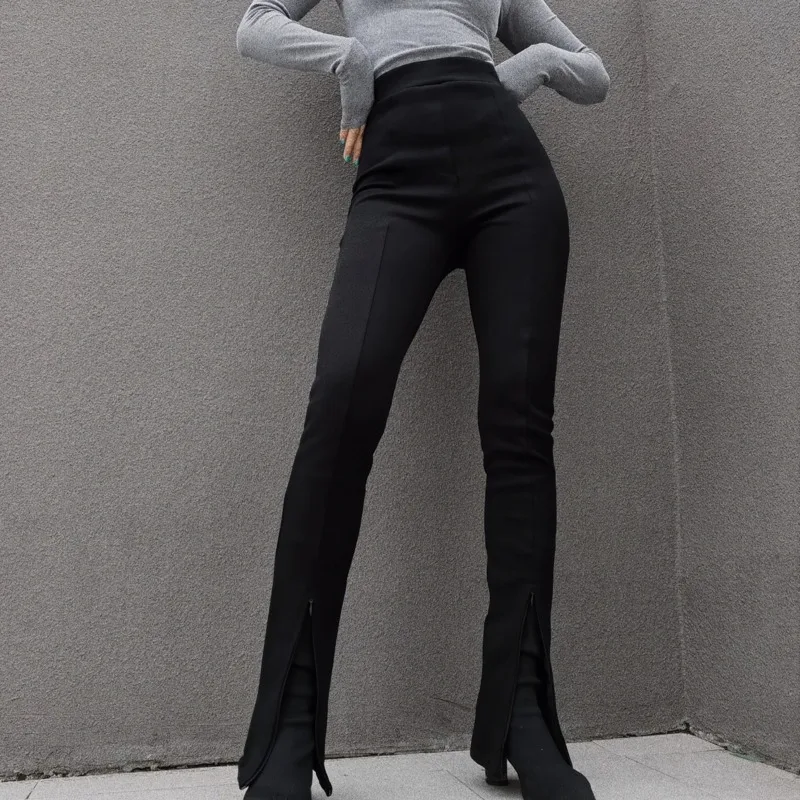 

WOMENGAGA Korean Simple Solid Color High Waist Slim Trouser Streetwear Zippers Split Casual Thick Pants For Women J692