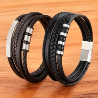 tyo hot sale multilayer braided wrap leather bracelets for men stainless steel charm magnetic clasp rock handmade bangles gift