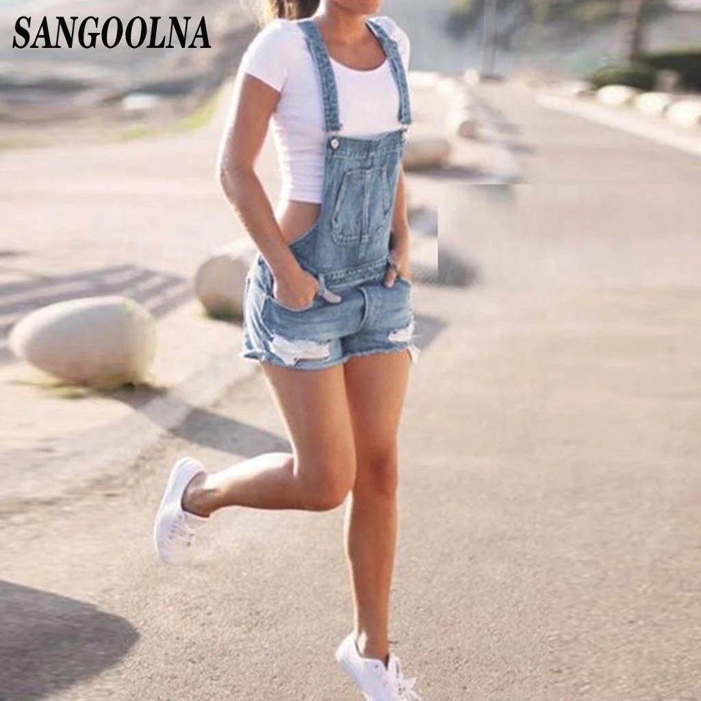 Short Denim Overalls Women Hole Jumpsuit High Waist Casual Jeans Playsuit Washed Salopette Straps 2020 Summer Romper | Женская одежда