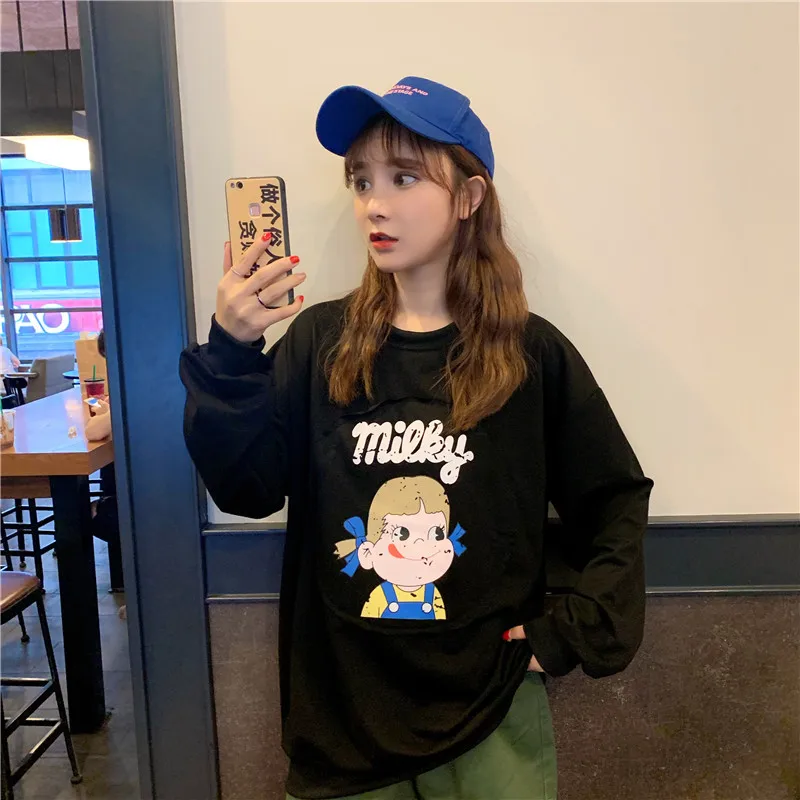 

Cartoon Print Autumn Hoodies Sweatshirts Women O-Neck Long Sleeve Casual Harajuku Pullovers Korean Kawaii Outwear Spring X346