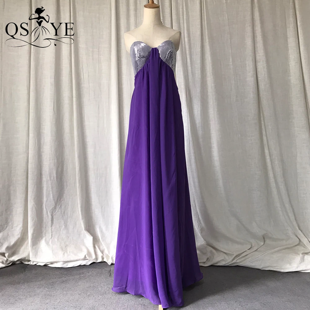 

Eggplant Purple Prom Dress Backless Evening Gown Girl Princess Empire Prom Cocktail Sweetheart Silver Sequin Women Party Gown