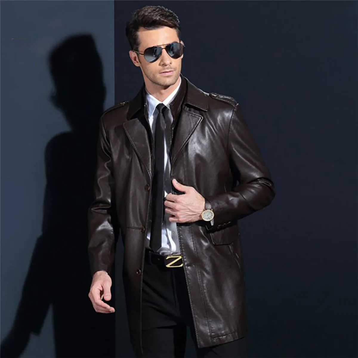 

Мужское длинное кожаное пальто, однобортное приталенное пальто-Тренч из искусственной кожи размера плюс, куртка для мужчин Ds50141