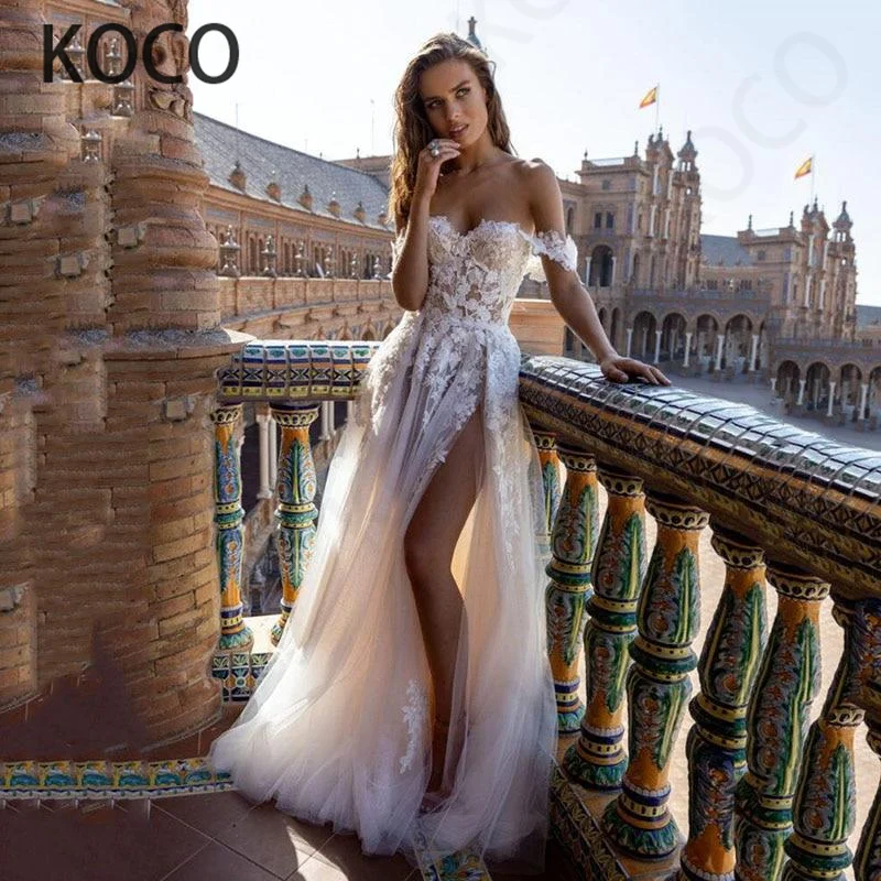 

MACDUGAL Wedding Dresses 2021 Sweetheart Off Shoulder A-line Charming Backless Tulle Dress Delicate Appliques Robe De Mariee