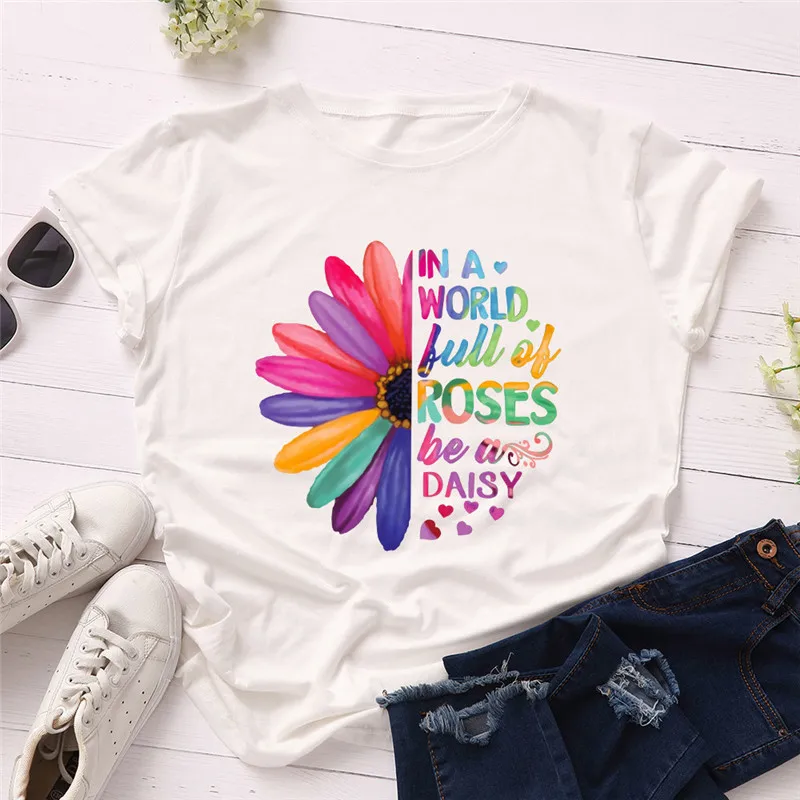 

Daisies Printed T Shirt Women Summer Casual Tshirts Tees Harajuku Korean Style Graphic Tops O Neck Short Sleeve Tees Tops