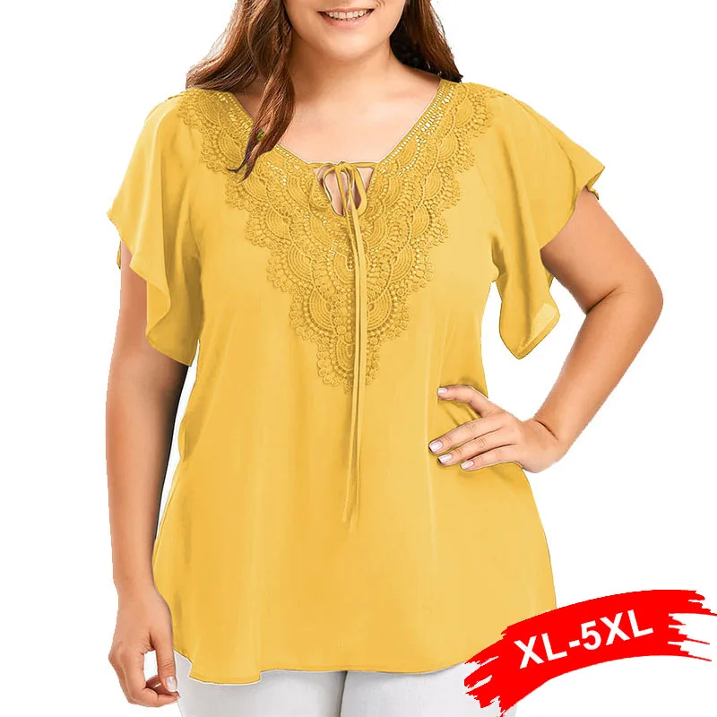 Кружевные топы с вышивкой размера плюс 3Xl 5Xl блузки летние женские v-образным