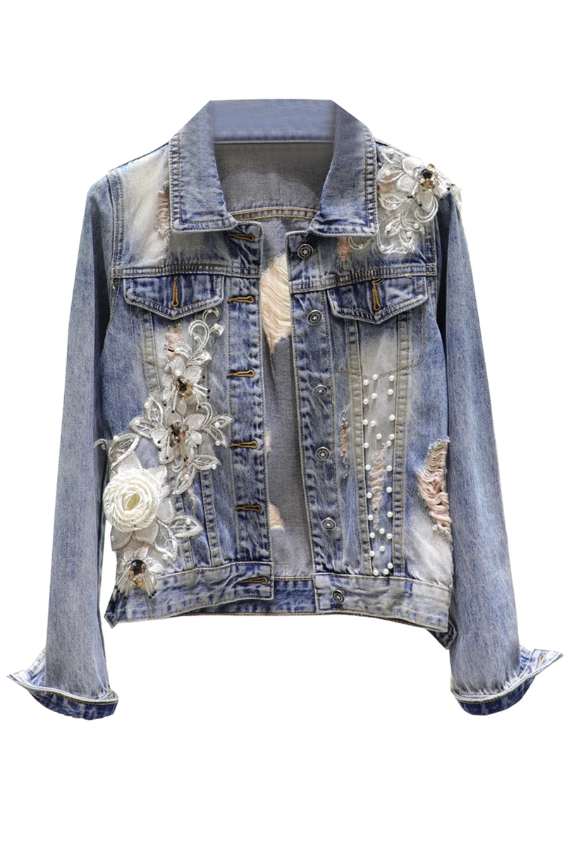 

2020 Autumn New Slim-Fit Cowboy Tops Girls Diamond Flower Long Sleeve Denim Jacket Women's Holes Short Jeans Jackets Students