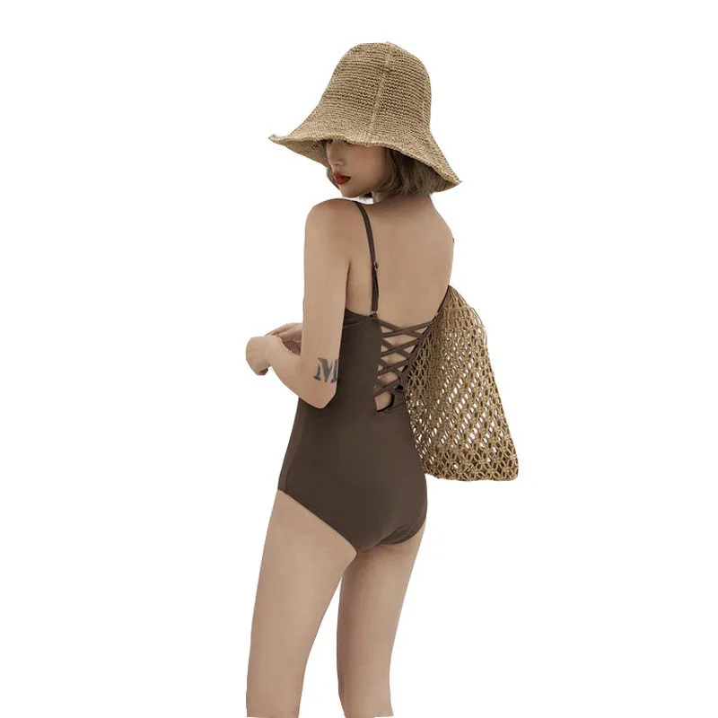 

2021 New Retro Sexy One-piece Bikini Gathered to Cover Belly Slim Swimsuit Monokini Solid Color Hollow Beautiful Back Swimsuit