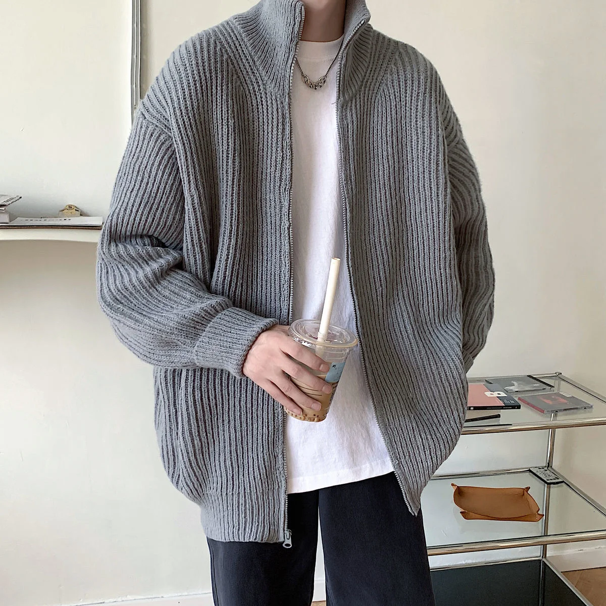 

Knit Collar Cardigan Casual All-match Striped Jacquard Jacket Loose Fashion Knitted Thick Sweater Autumn Winter Men's Clothing