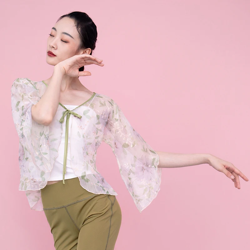 

Сказочные классические танцевальные Топы Hanfu, женская одежда в китайском стиле с цветочным принтом, одежда для народного танца, летняя праз...