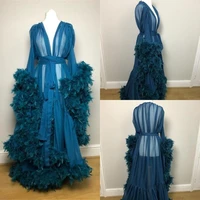 navy blue ruffles women winter luxury feather kimono pregnant party sleepwear full sleeves maternity photoshoot dress