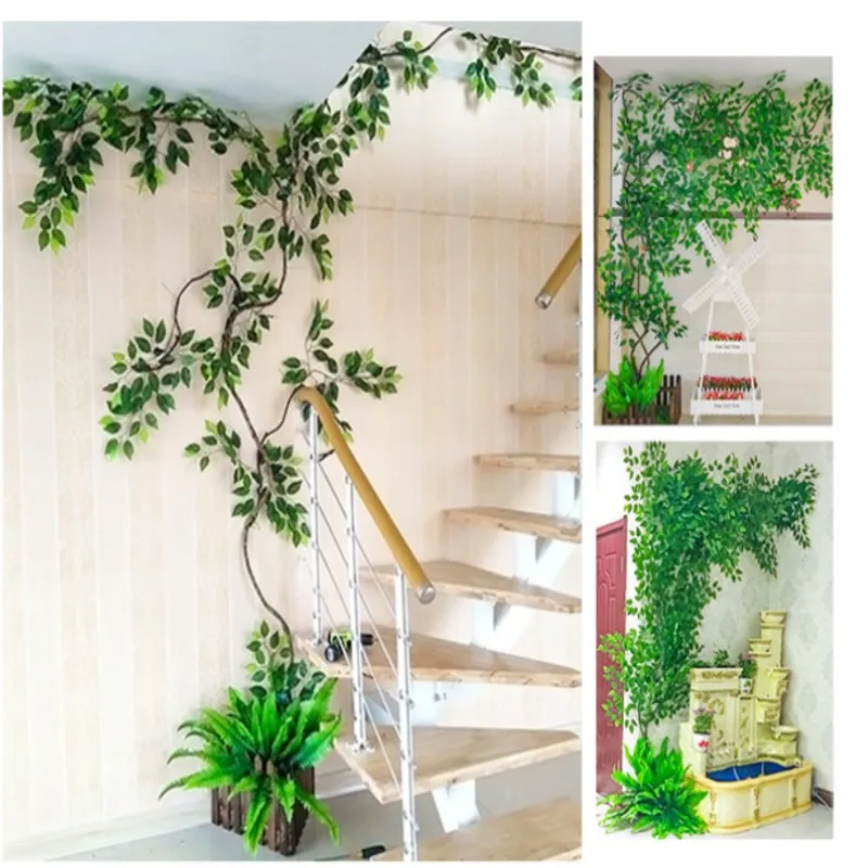 

Artificial Green Ficus Leaf Ginkgo Biloba Branches With Dried Tree Rattan Sets For Home Living Room Christmas Decorations