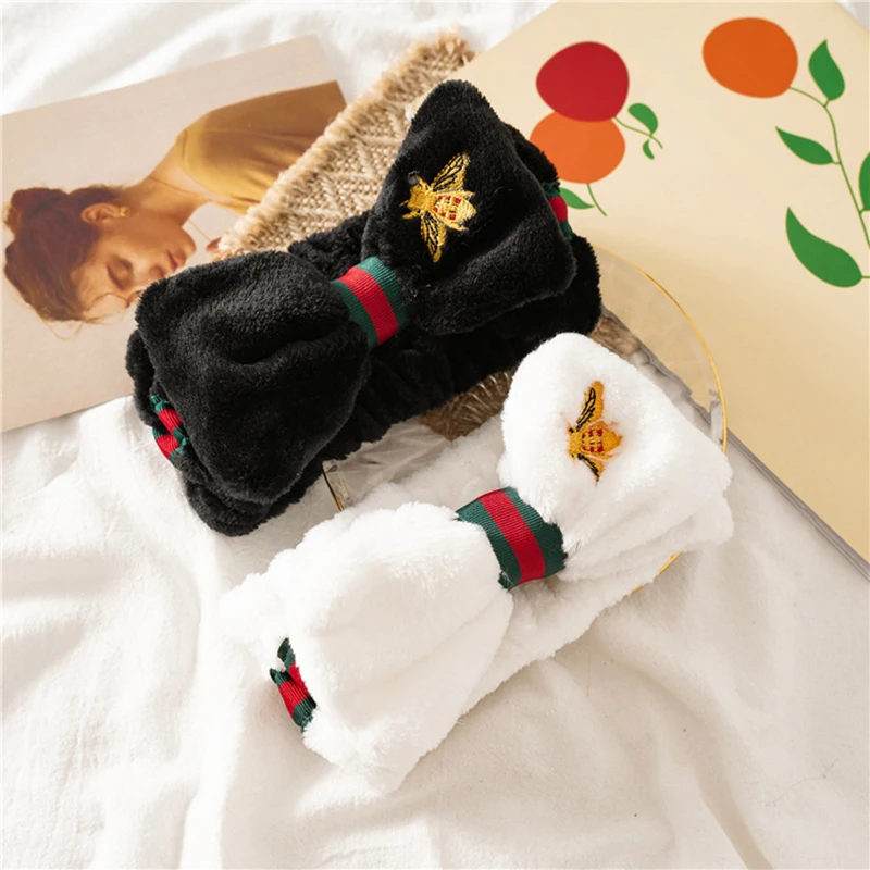 

2021 Embroidery Bee Coral Fleece Wash Face Bow Hairbands For Women Girls Headbands Headwear Hair Bands Turban Hair Accessories