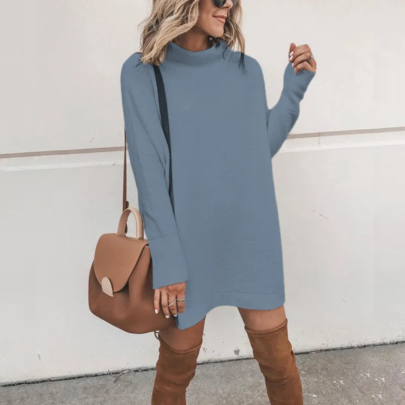

New High-Neck Knitted Long-Sleeved Solid Color Sweater Dress Women Fall/Winter Casual Loose Top Slim Pullover