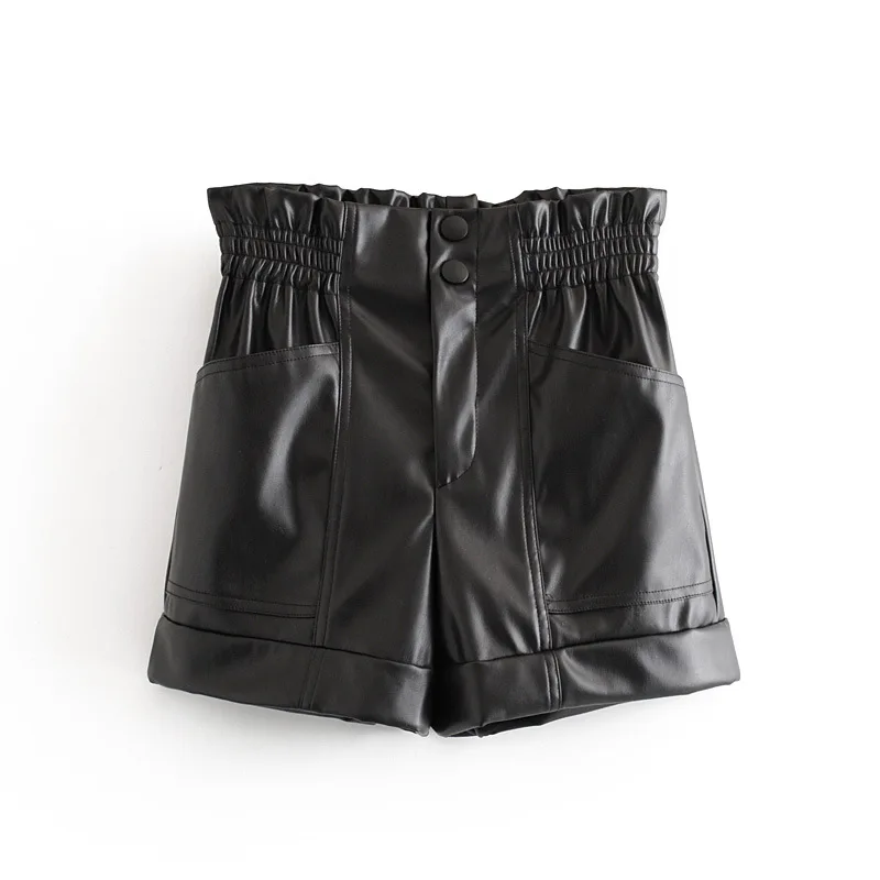 Весна-Осень 2020 модные черные женские шорты из искусственной кожи с высокой