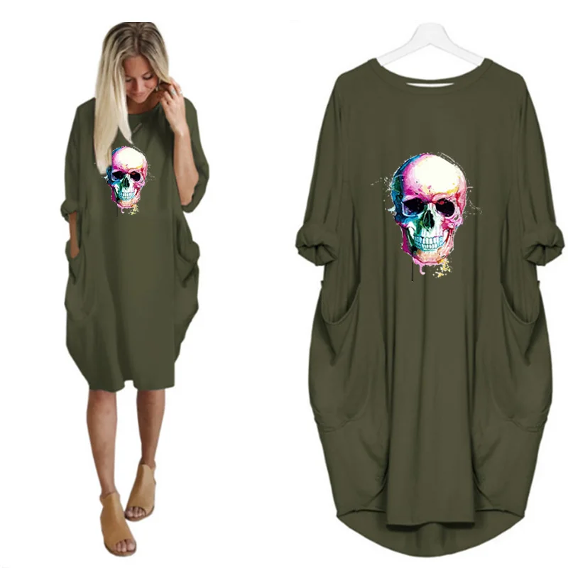 

Harajuku Skull Print Pijama Feminino Long Sleeve Streetwear Thin Knee-Length Casual Loose Night Dress Korean Fashion Clothes