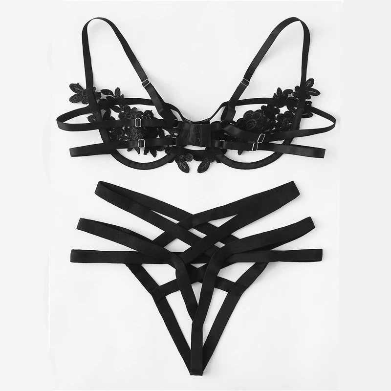 Black Lingerie Set Ремни аппликации на косточках сексуальное женское нижнее белье Черные стринги V-String прозрачное женское нижнее белье бюстгальтер комплект RS80854 - Цвет: Black Lingerie Set