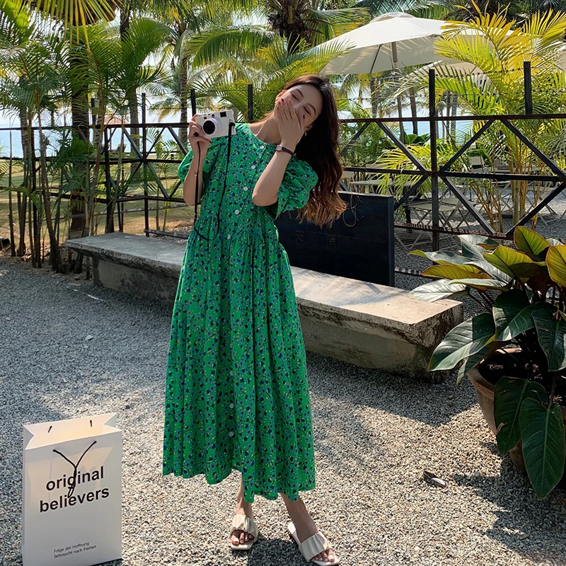 

Vintage Chic Summer Loose Aesthetic Green Floral Dress Women Plus Size Print Clothes Female Puff Sleeve Elegant Dresses Lady