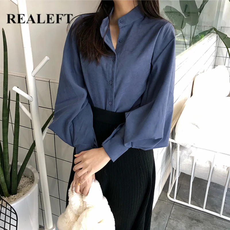 REALEFT новинка Весенняя женская рубашка синего цвета блузка топы с длинным рукавом