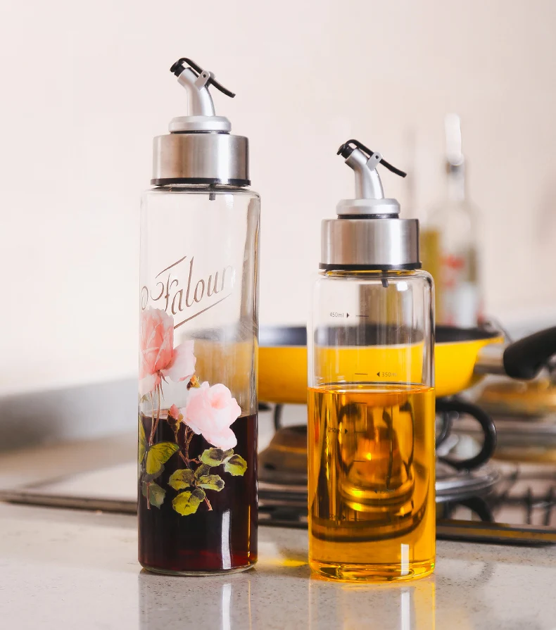 

500ml Large Capacity Glass Oil Vinegar Bottle Creative Printing Kitchenware Seasoning Sauce Cooking Wine Bottles