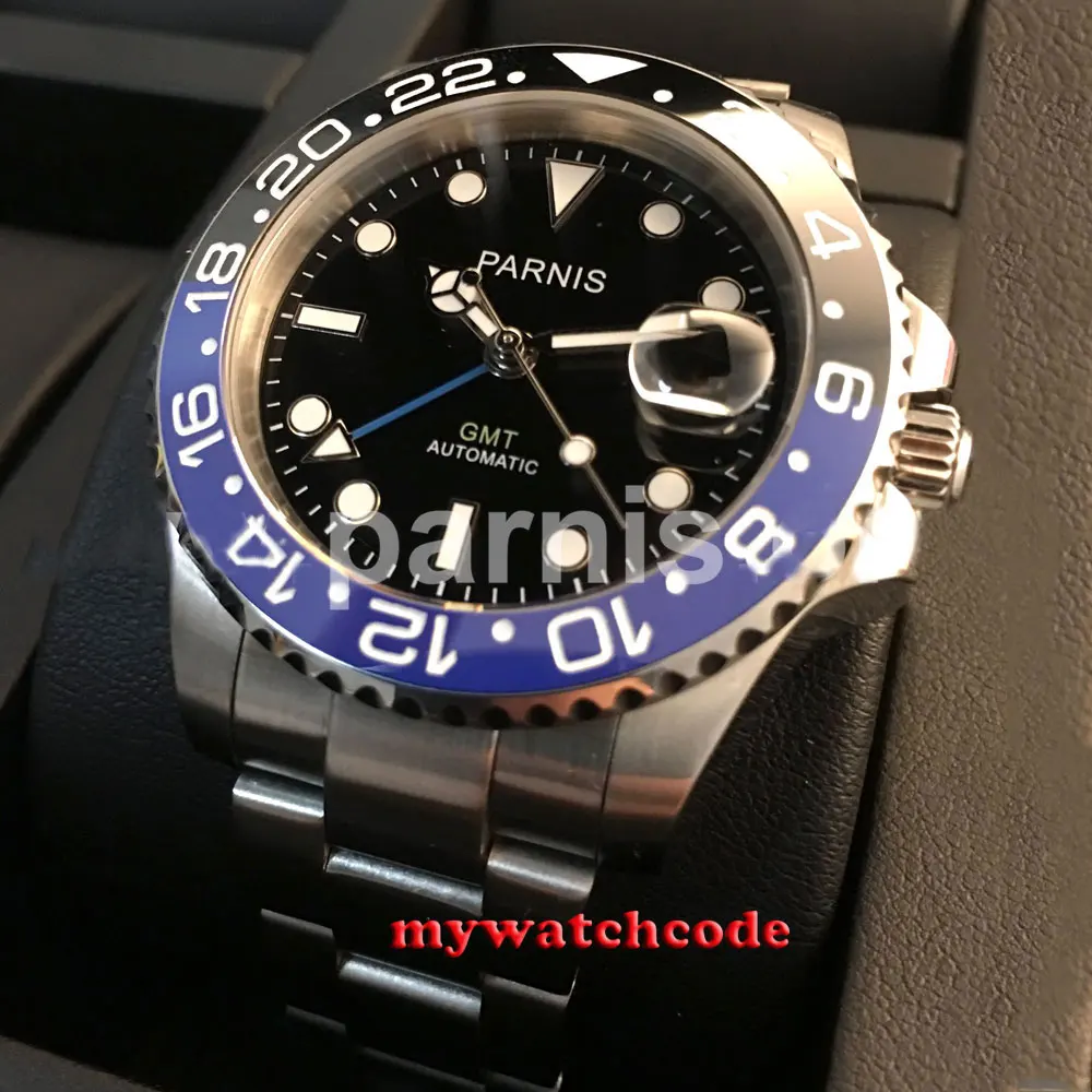 

40mm Parnis black dial Mechanical Watches Black blue Ceramic Bezel GMT luminous marks sapphire glass automatic Mens Watch