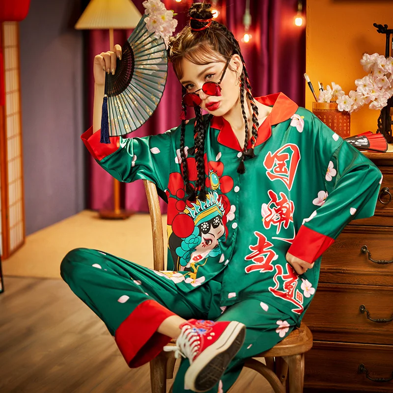 Summer Pajamas Women Sleepwear Chinoiserie The Tide High Quality Snow and Ice Silk Princess Style Spring Plus Size Pajama Set